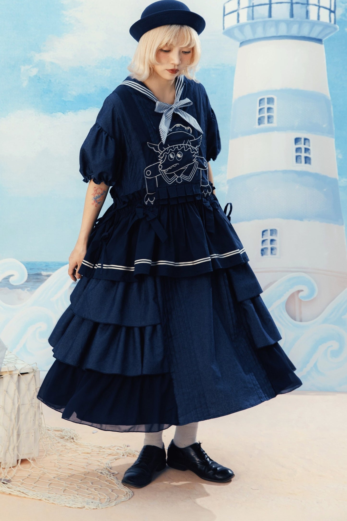 Layered-Look Wolf Embroidery Plaid Apron Dress