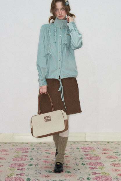 Lace Drawstring Stand Collar Shirt