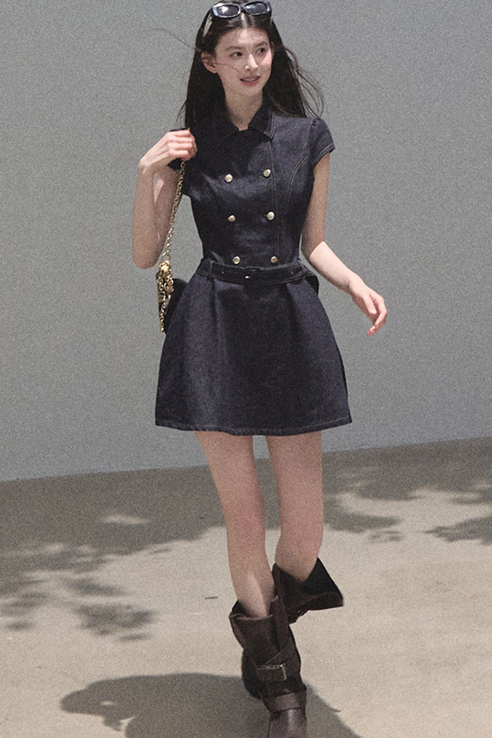 Retro Denim Waist-Cinching Dress Set-Up