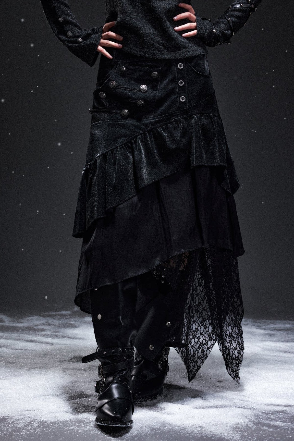 Palace-Style Suede Patchwork Asymmetrical Skirt