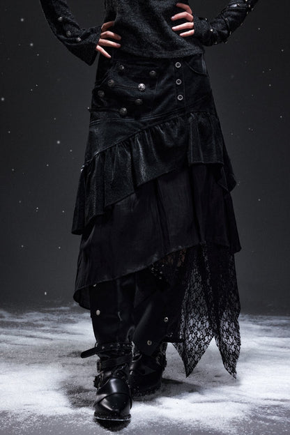 Palace-Style Suede Patchwork Asymmetrical Skirt