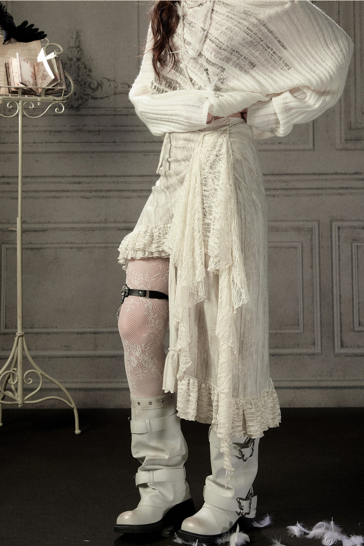 Beige Asymmetrical Lace Spliced Skirt