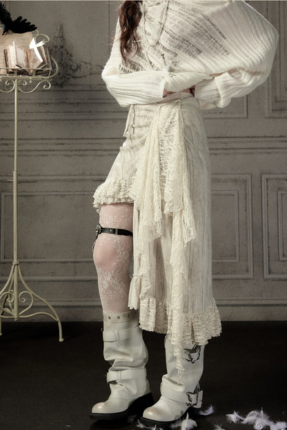 Beige Asymmetrical Lace Spliced Skirt