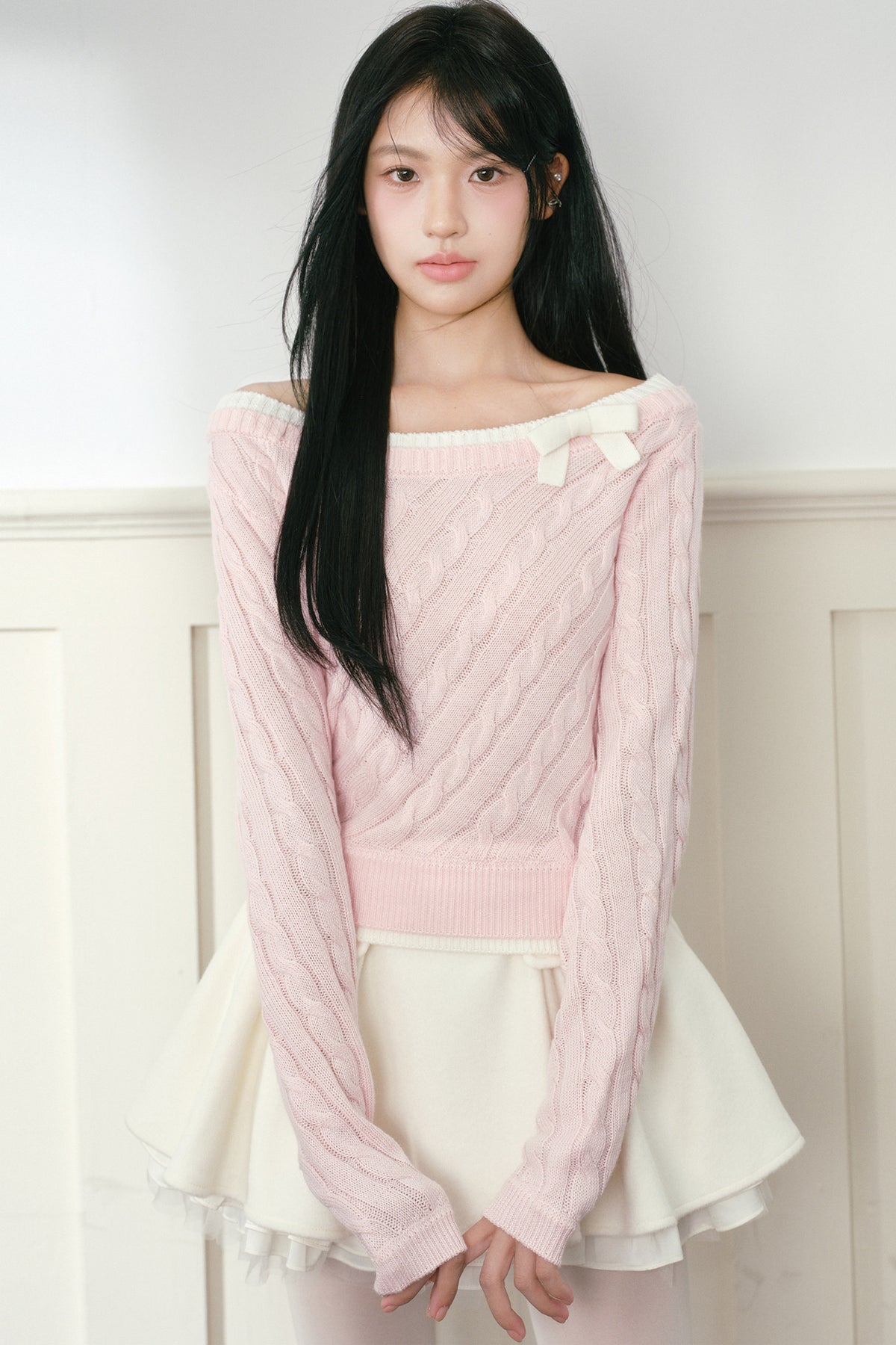 Pink Bow Cable-Knit Off-Shoulder Sweater