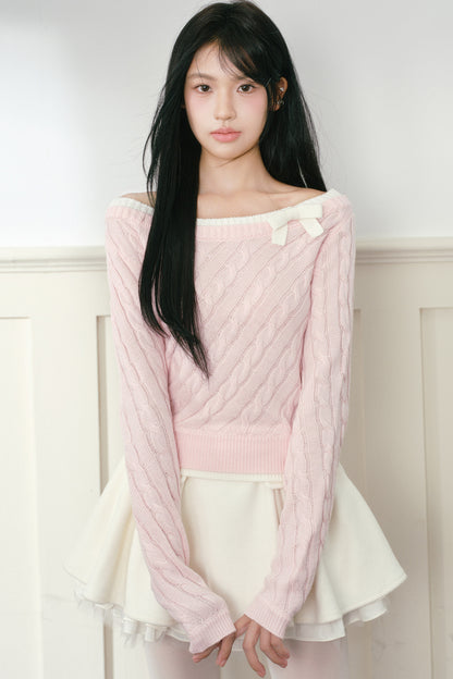 Pink Bow Cable-Knit Off-Shoulder Sweater