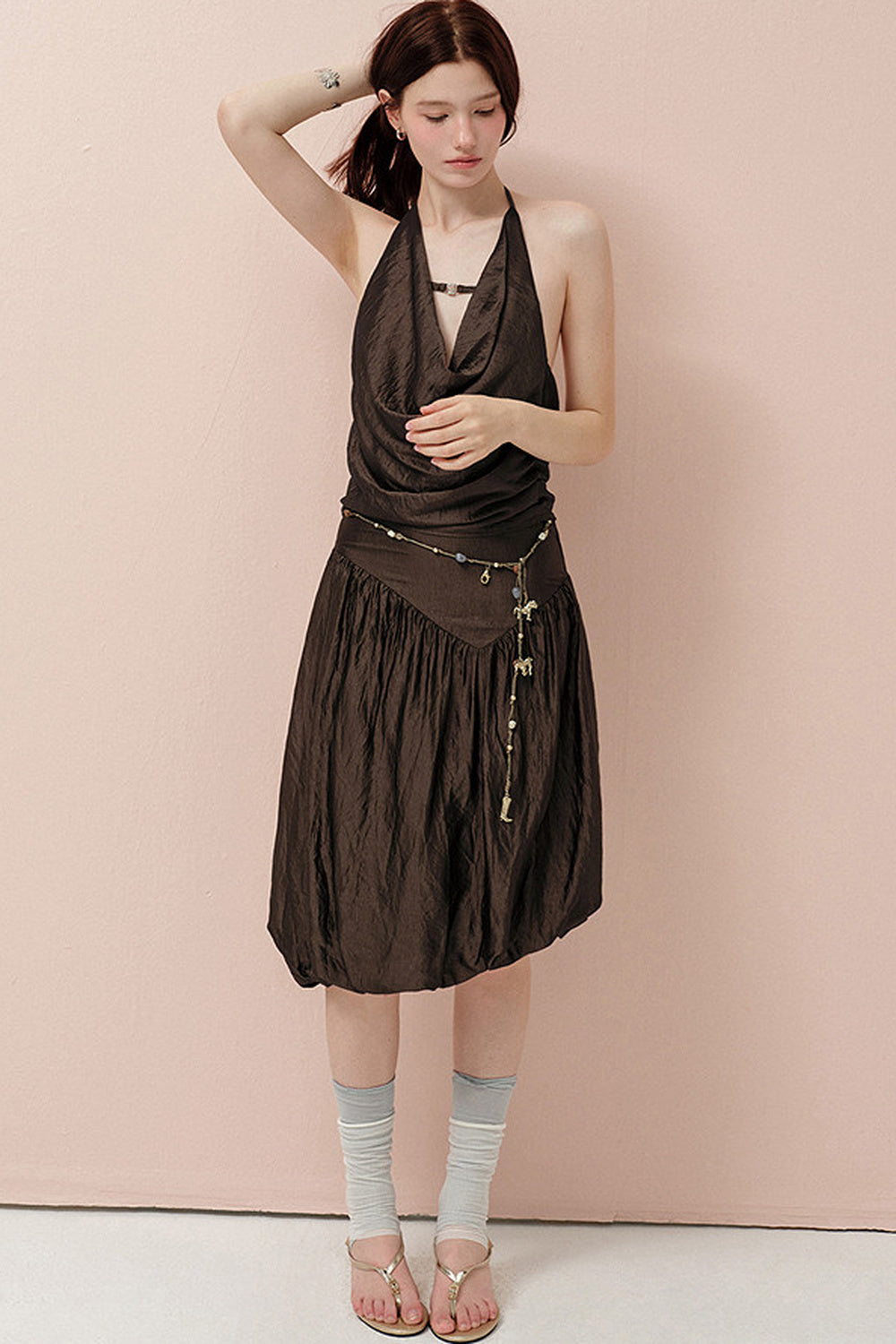 Brown Cowl Neck Camisole and Irregular Skirt Set