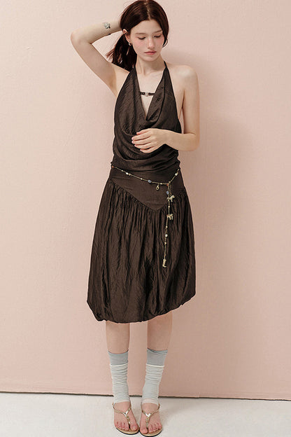 Brown Cowl Neck Camisole and Irregular Skirt Set