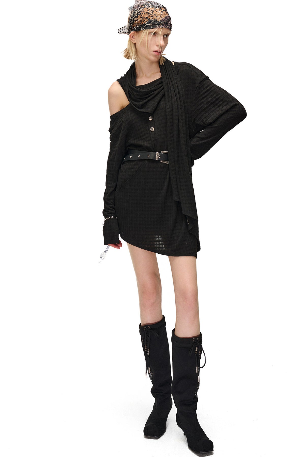 Multi-Wear Layered Waffle Off-Shoulder Ribbon Irregular Dress