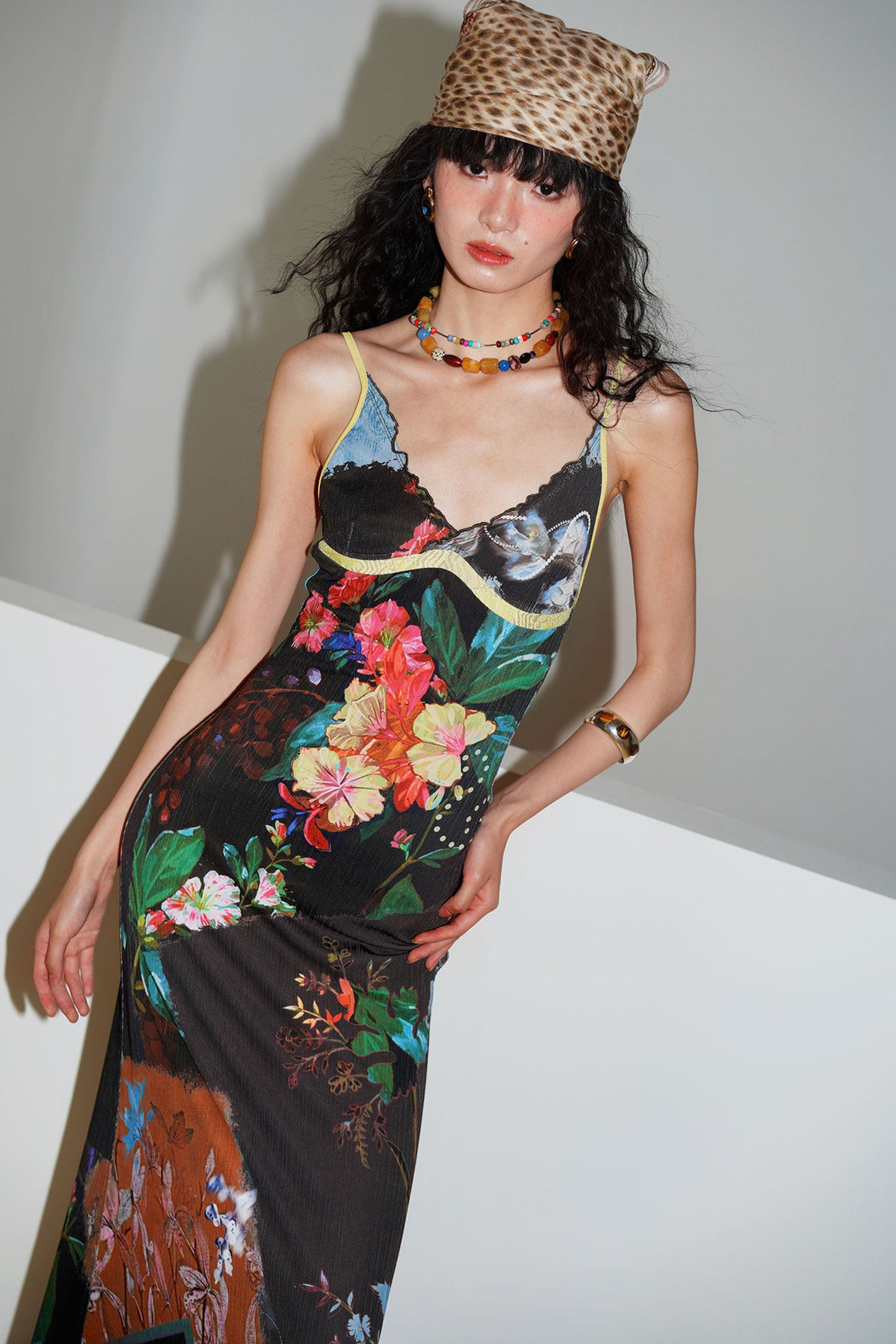 Chinese Print Lace Slip Dress