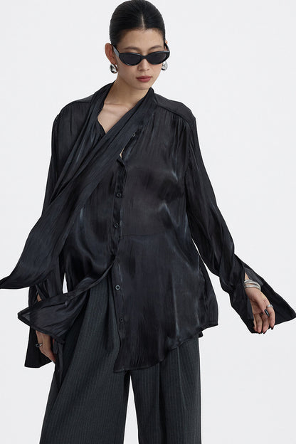 Pleated Tie Neck Shirt