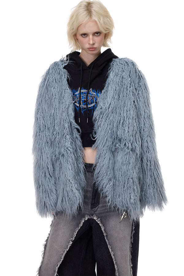 V-Neck Shaggy Contour Fur Jacket