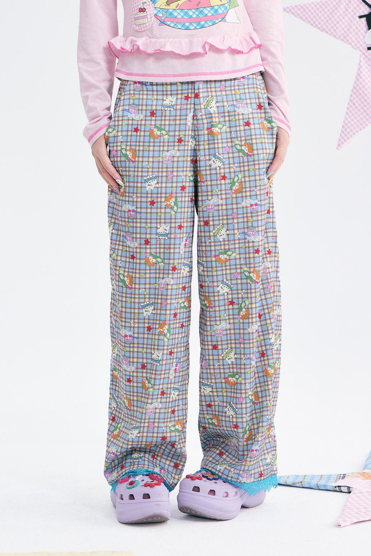 Plaid Layered-Look Lace Pants Set-Up