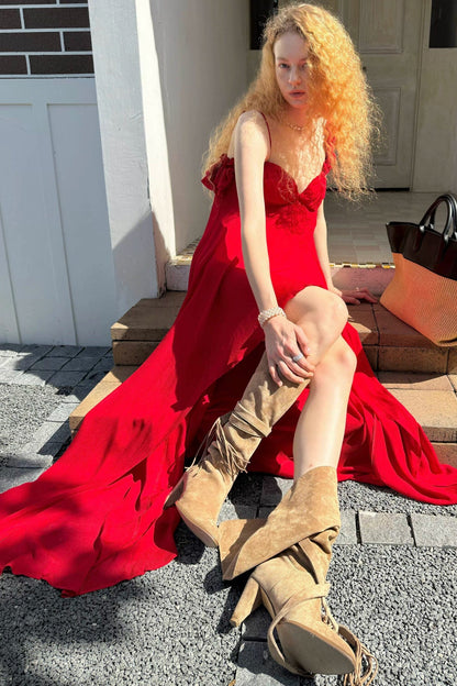 Hand-Stitched Rose Red Slip Dress