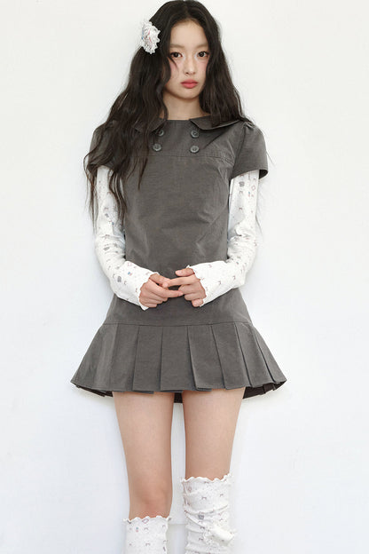 Gray Low-Waist Double-Breasted Patchwork Pleated Dress