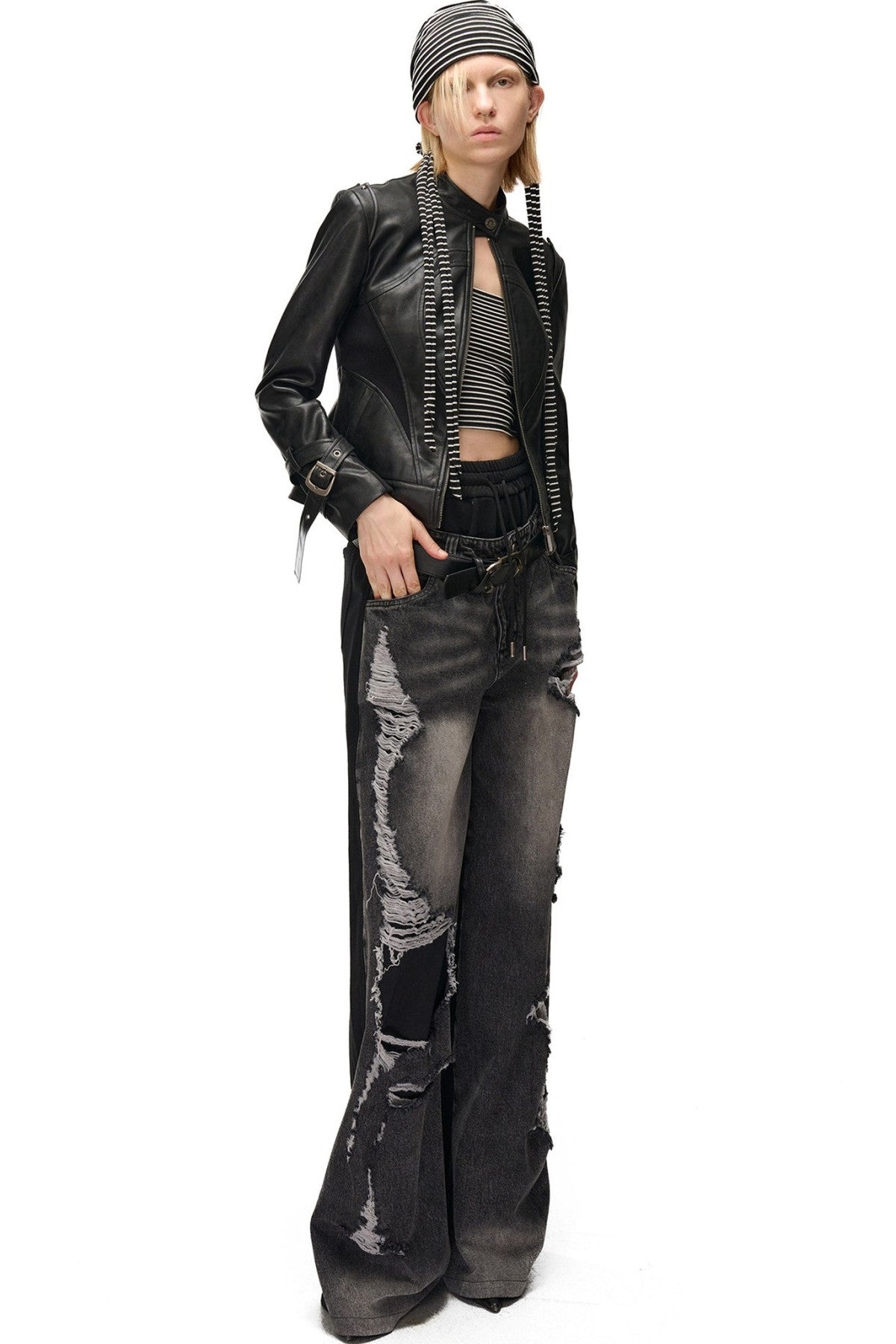 Slim-Fitting Functional Spliced PU Leather Jacket