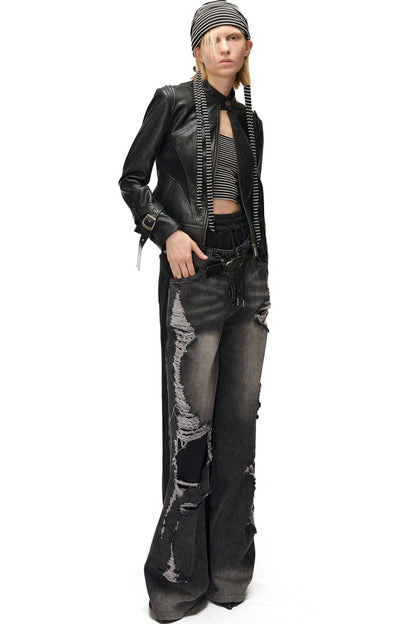 Slim-Fitting Functional Spliced PU Leather Jacket