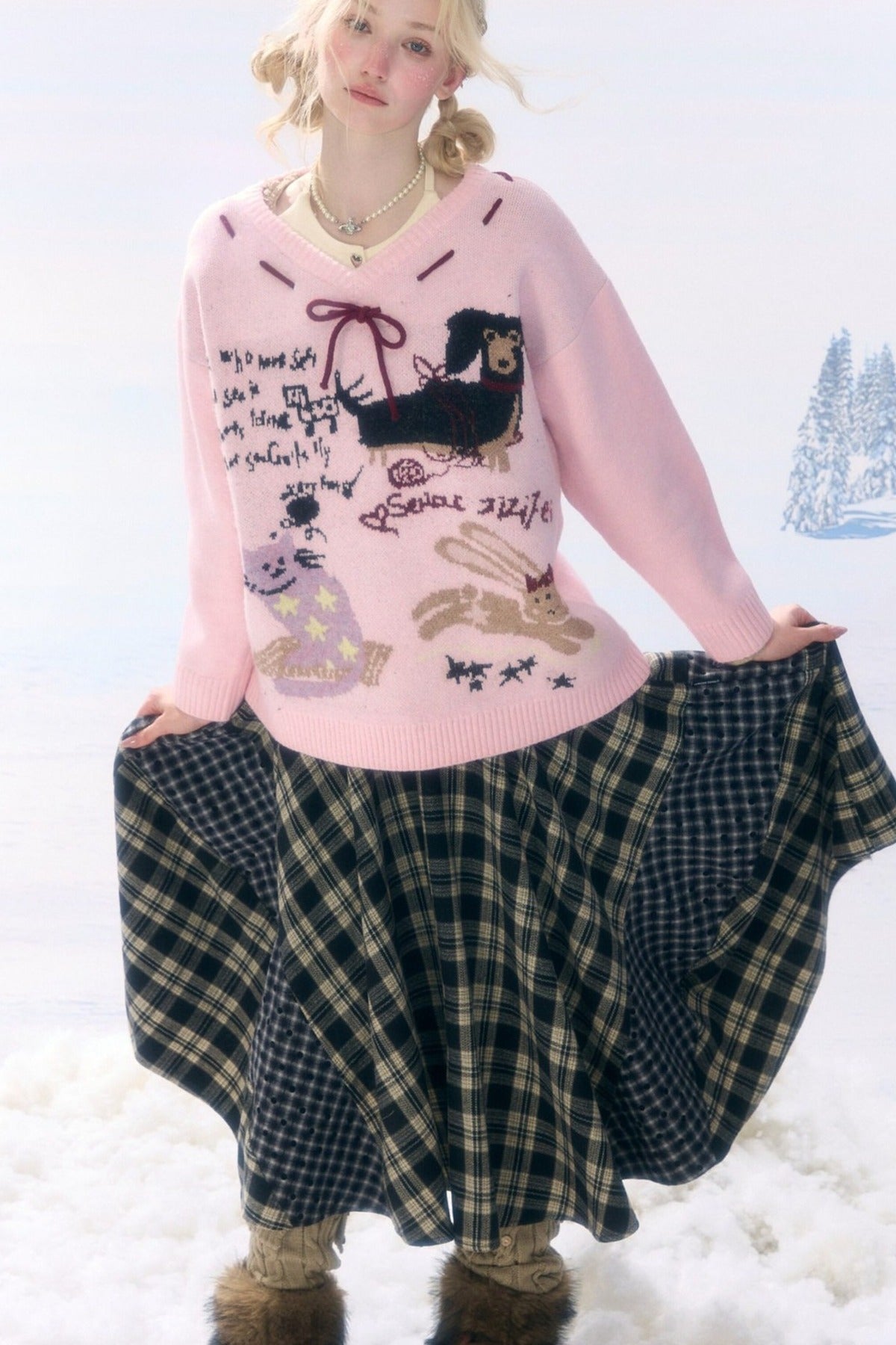 Pink Cartoon Print V-Neck Sweater