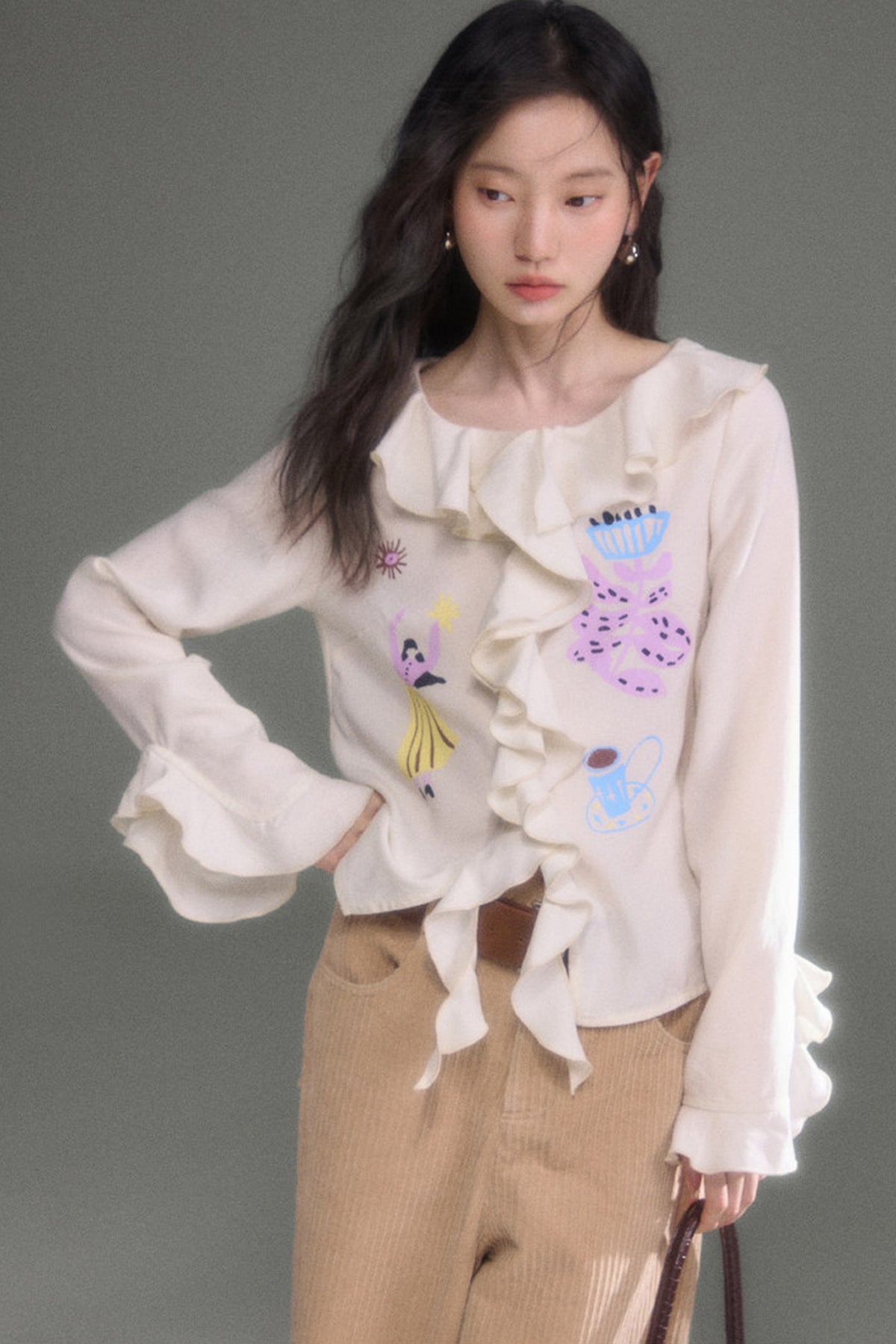 French Ruffle Flared Long-Sleeve Blouse