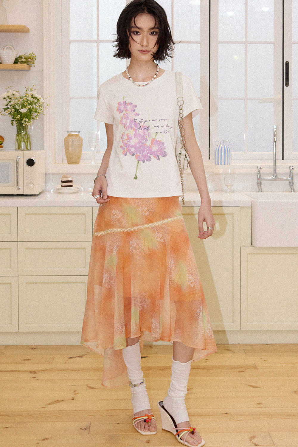 Irregular Lace Trim Chiffon Skirt