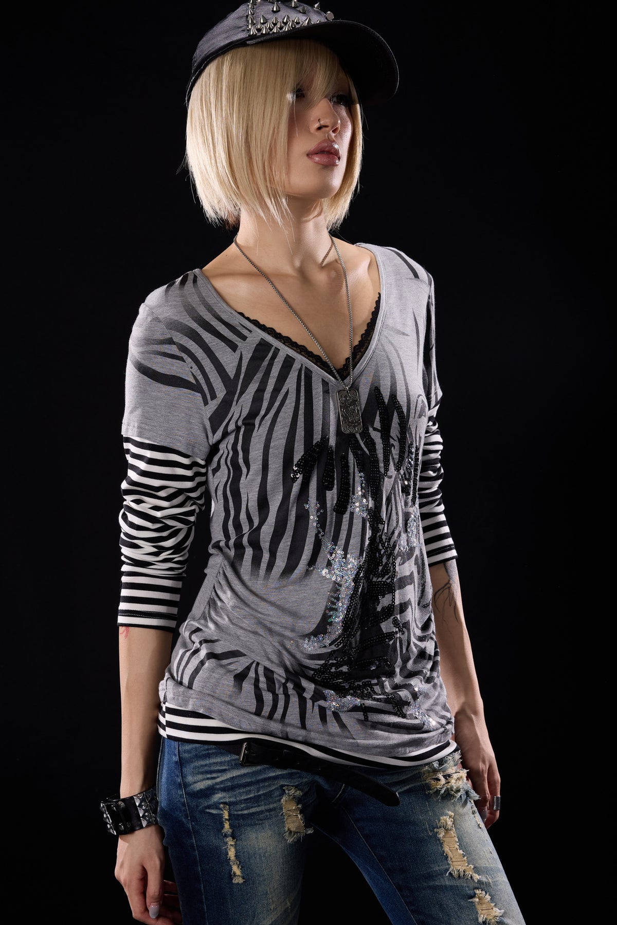 Zebra Print Layered-Look Long Sleeve T-Shirt