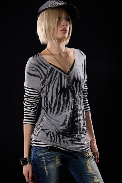 Zebra Print Layered-Look Long Sleeve T-Shirt