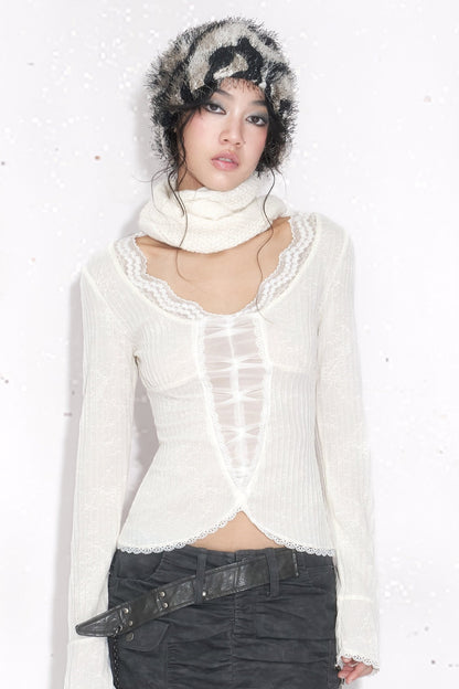 White Long-Sleeved Lace Knit Top
