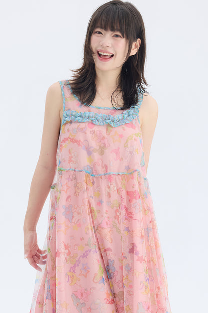 Robe en résille à bretelle asymétrique avec imprimé lapin rose