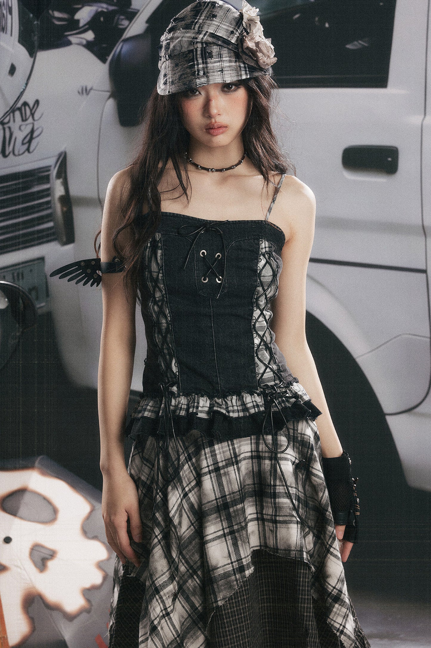 Plaid Splicing Ruffled Denim Camisole Top