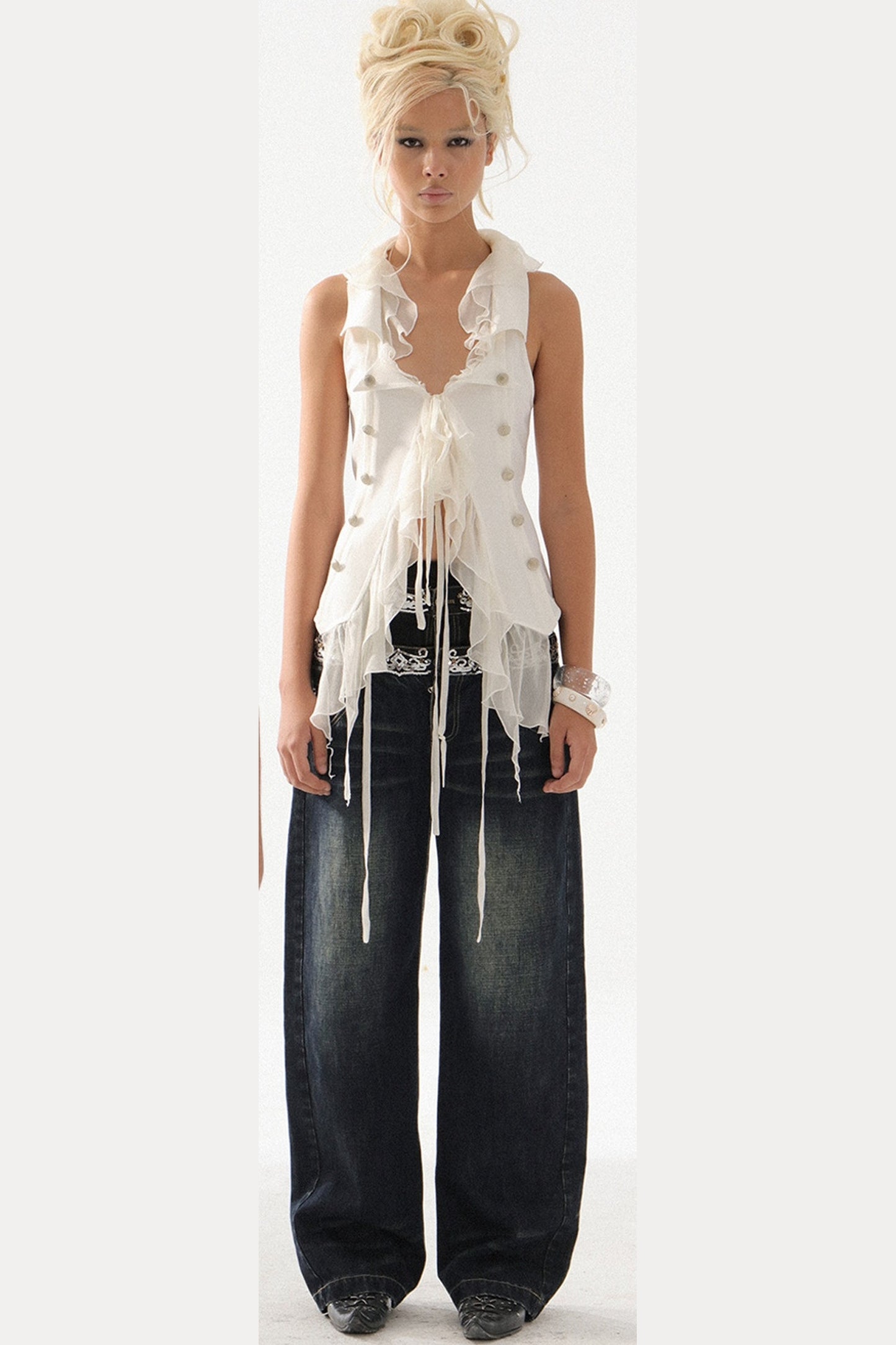 Vintage Patchwork Suit-Style Ruffle Sleeveless Vest