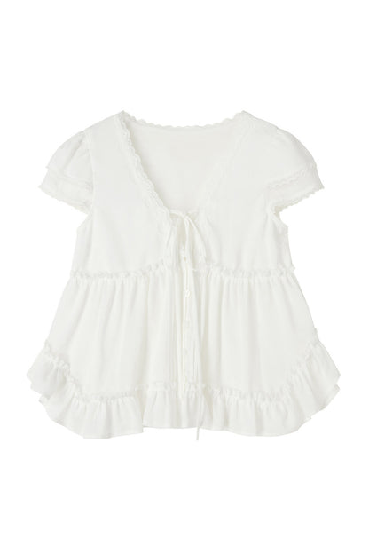 White Lyocell Lace Ruffle Short-Sleeve Shirt