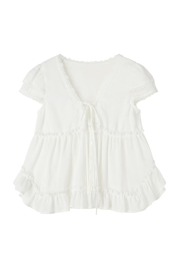 White Lyocell Lace Ruffle Short-Sleeve Shirt