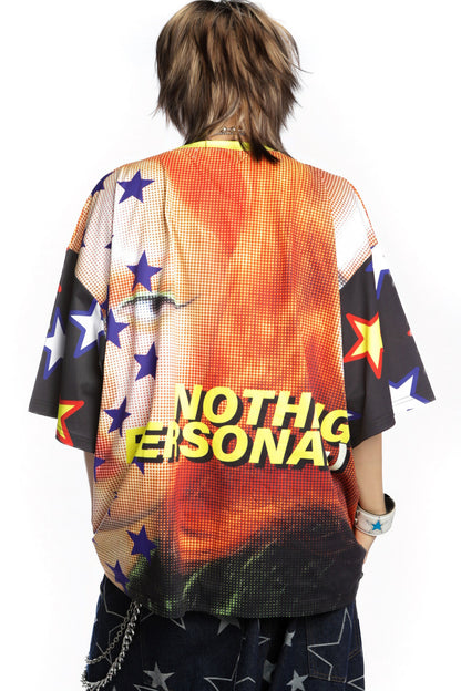 Quirky Printed Color-Blocked Collar Oversized Blouse