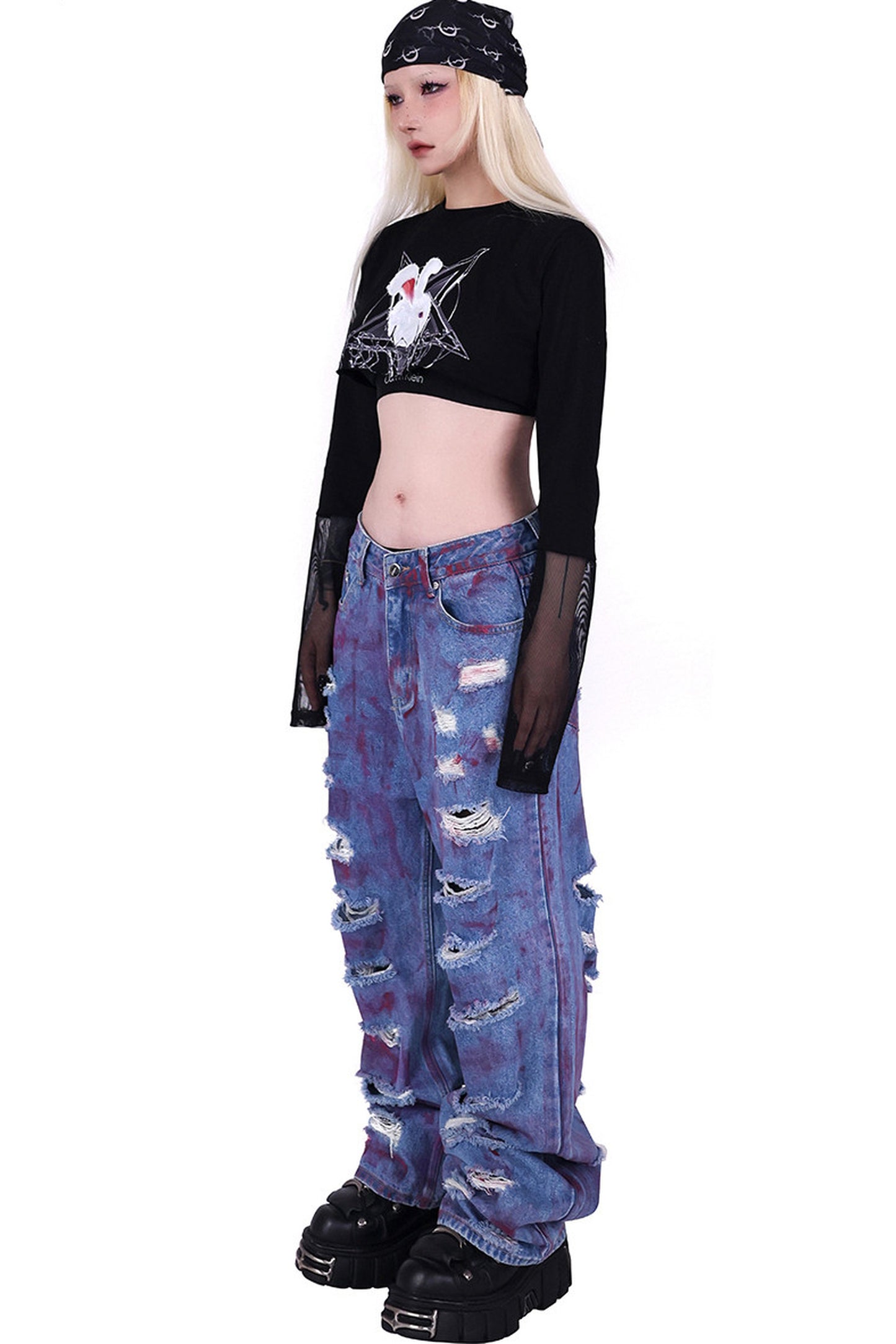 Printed Rabbit Mesh Blouse Set