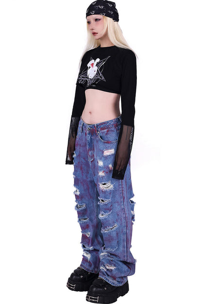 Printed Rabbit Mesh Blouse Set