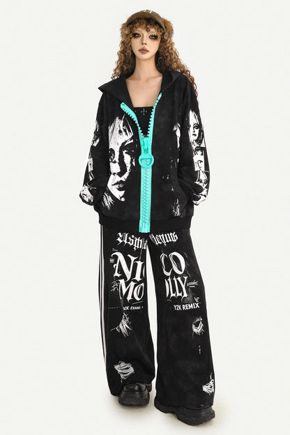 Loose Zip Hoodie Jacket and Sweatpants Set-Up