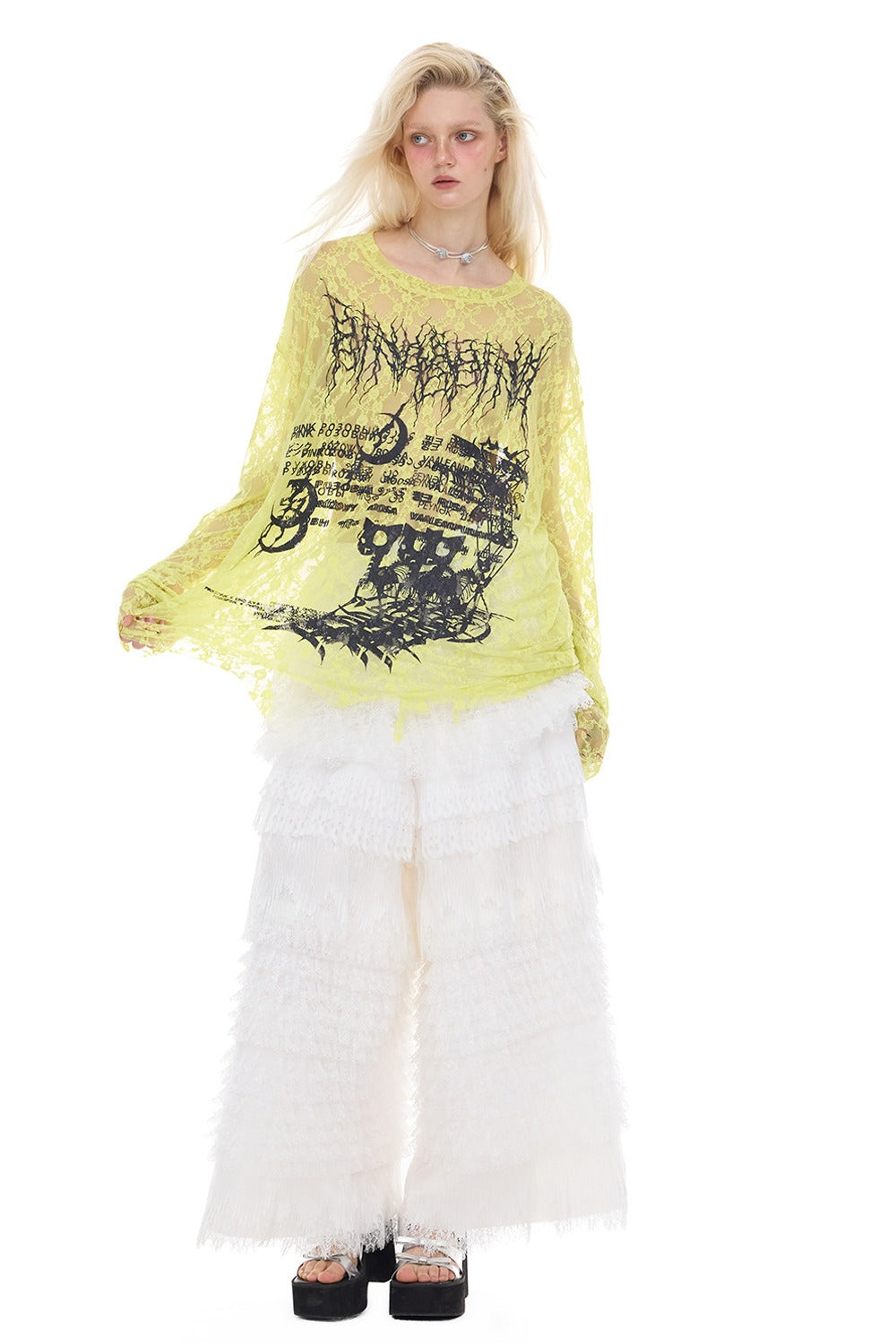 Loose Ripped Lace Cat Print Tee