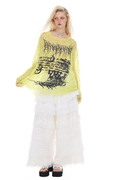 Loose Ripped Lace Cat Print Tee