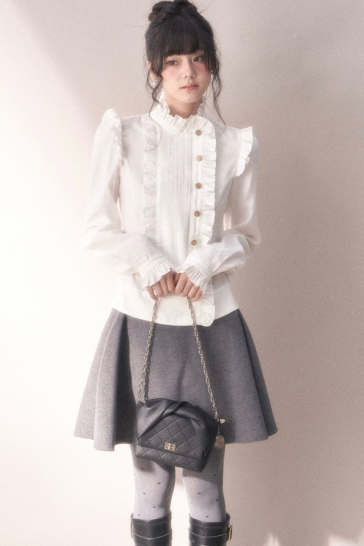 Pleated Lace Ruffle Asymmetrical Long-Sleeved Shirt