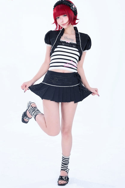 Bow Vine Rhinestone Lace Pleated Skirt