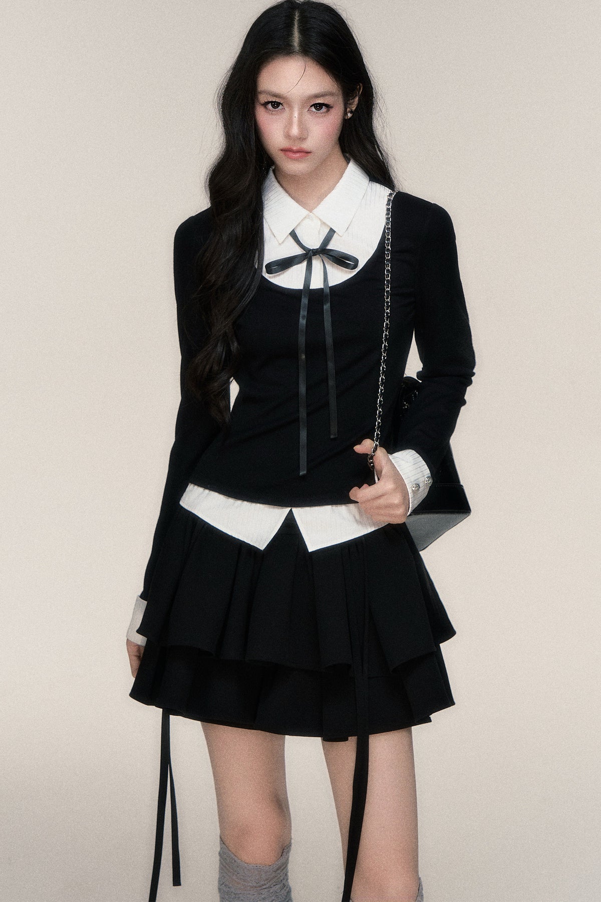 Lace-Up Color-Block T-Shirt and Skirt Set-Up