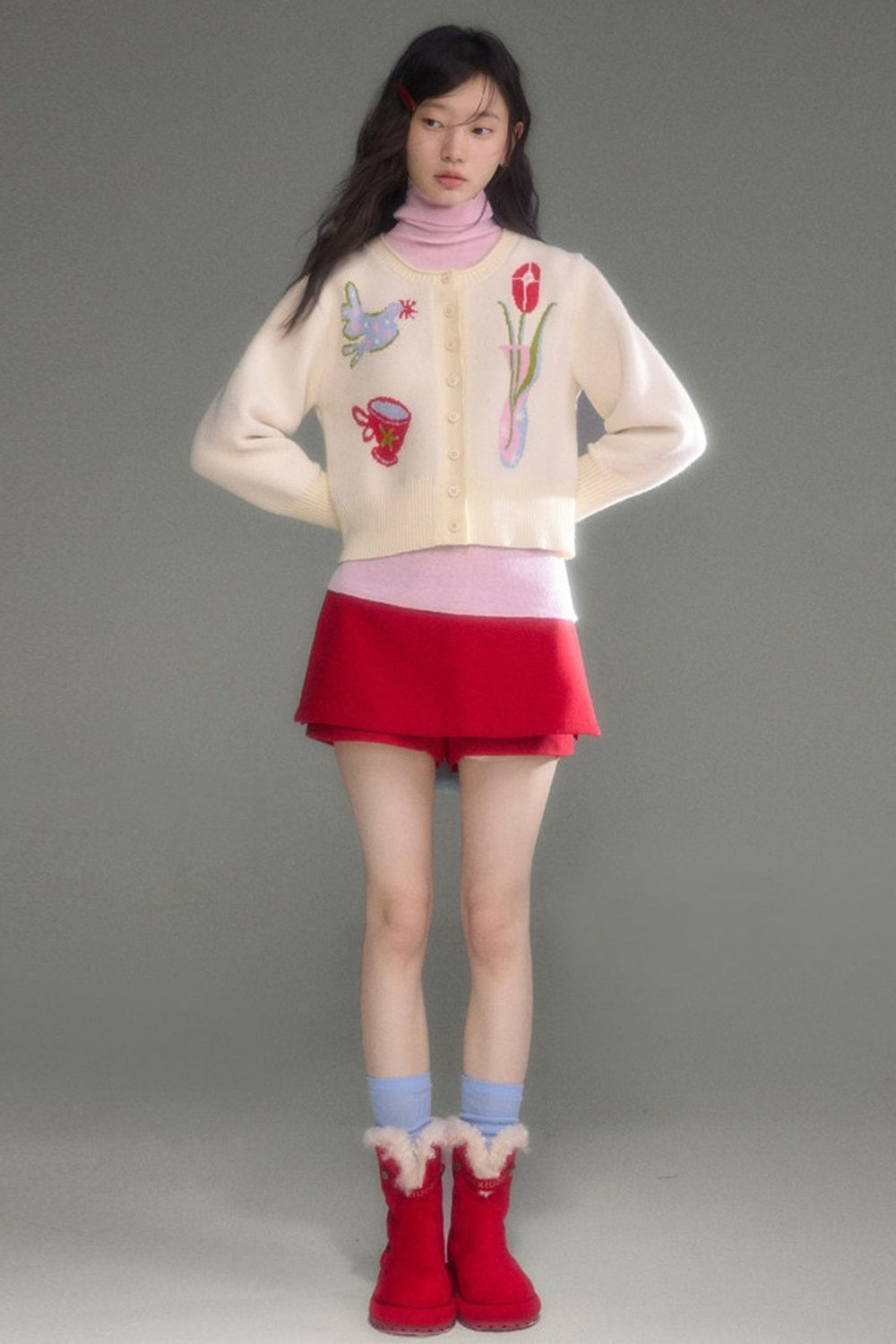 Tulip Bird Jacquard Knit Cardigan