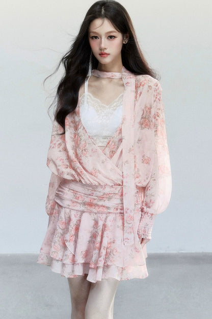 Completo Abito Floreale in Chiffon Rosa