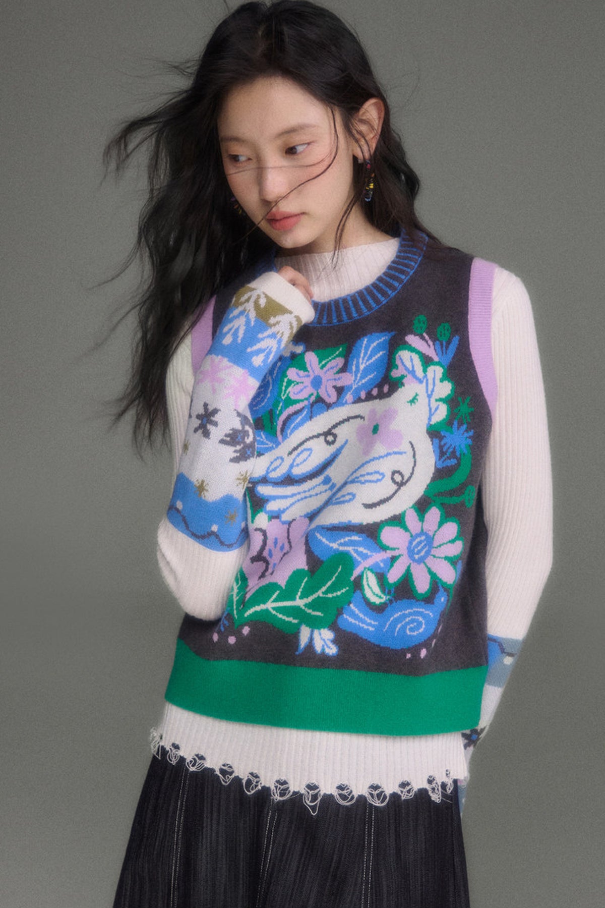 Nightingale Rose Bird Jacquard Knit Cardigan Vest and Skirt Set-Up