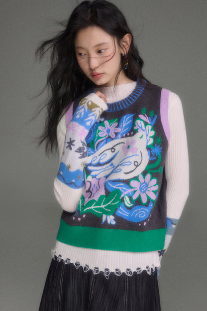 Nightingale Rose Bird Jacquard Knit Cardigan Vest and Skirt Set-Up