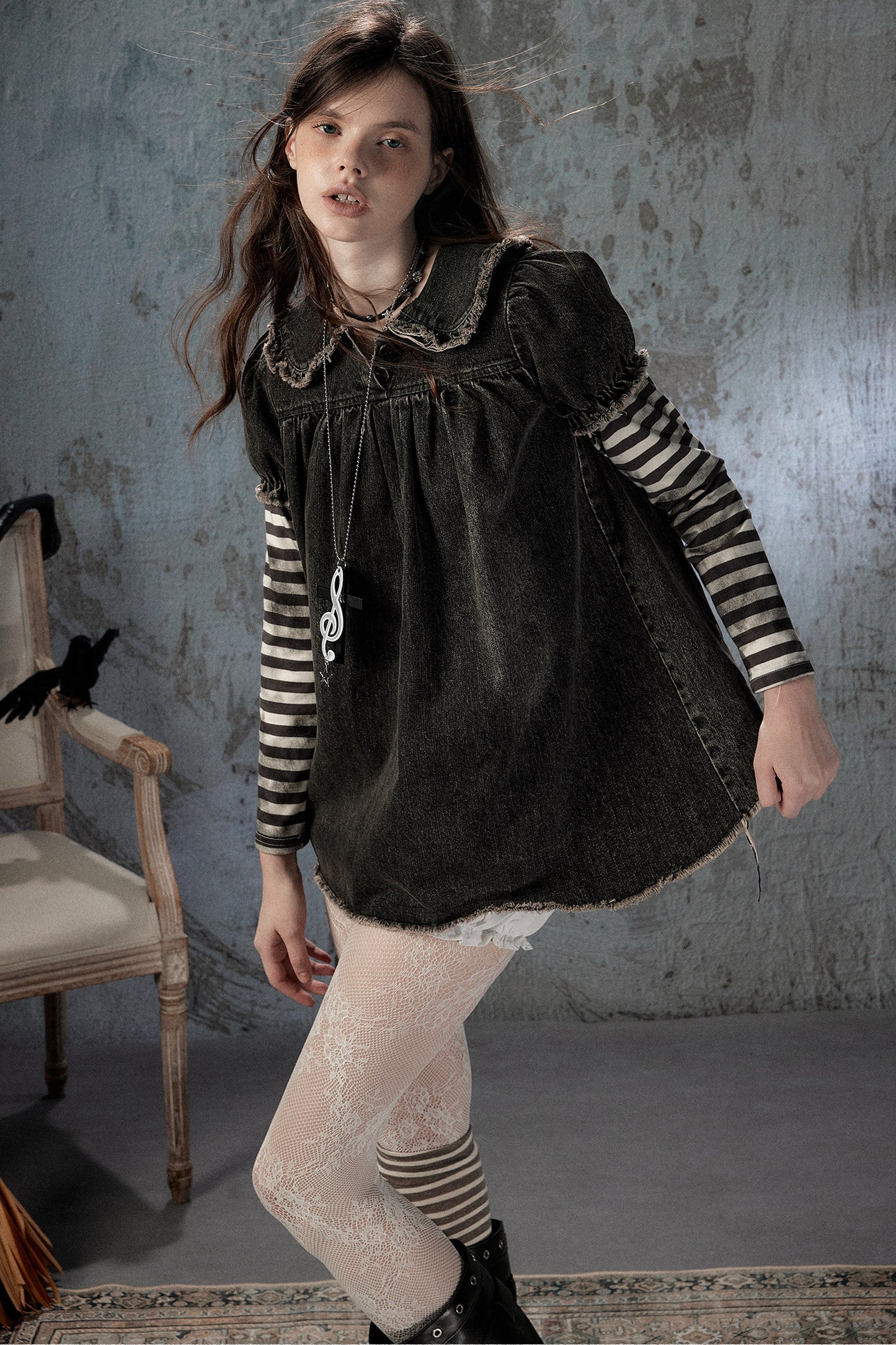 Robe en denim patchwork à rayures