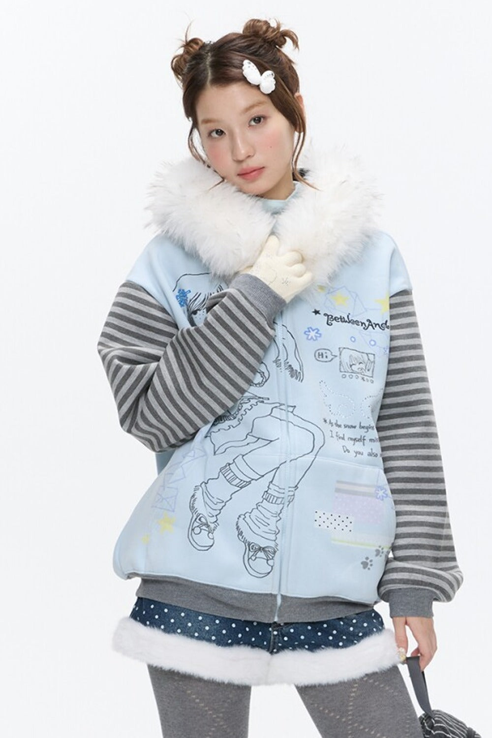 Striped Raglan Fur Collar Jacket