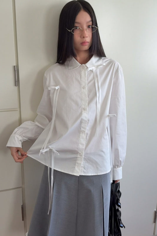 Pleated White Bow Doll Collar Shirt