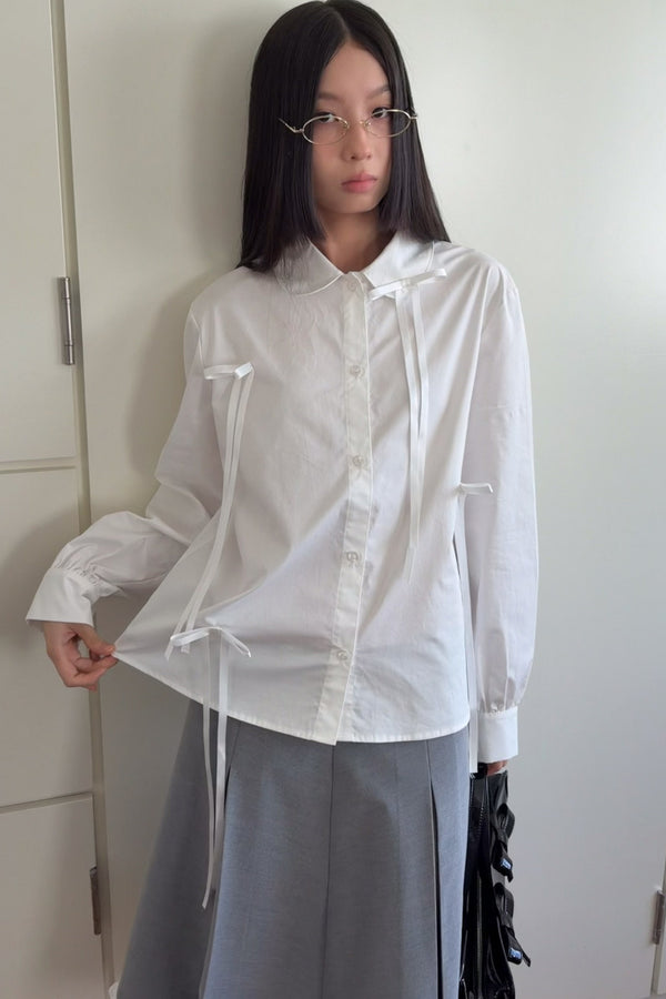 Pleated White Bow Doll Collar Shirt