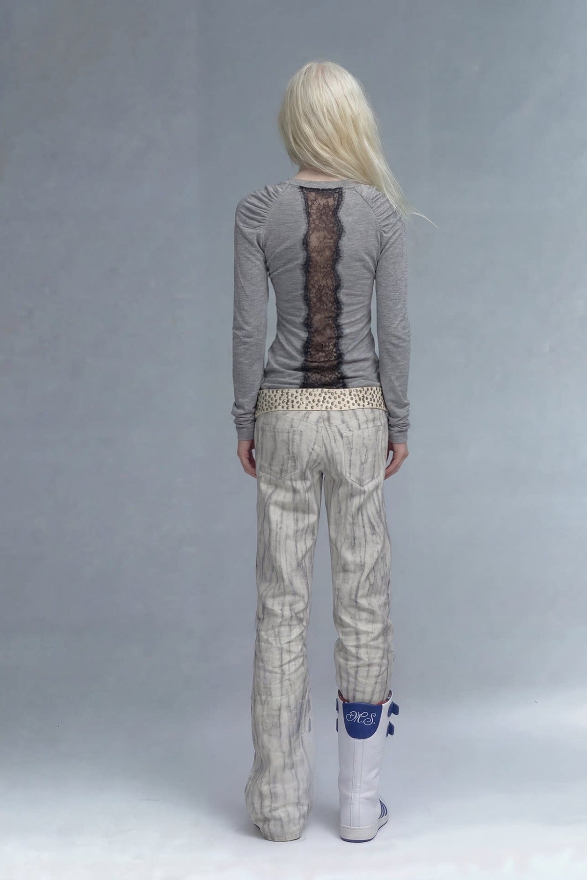 Gray Lace Patchwork Long-Sleeved T-shirt