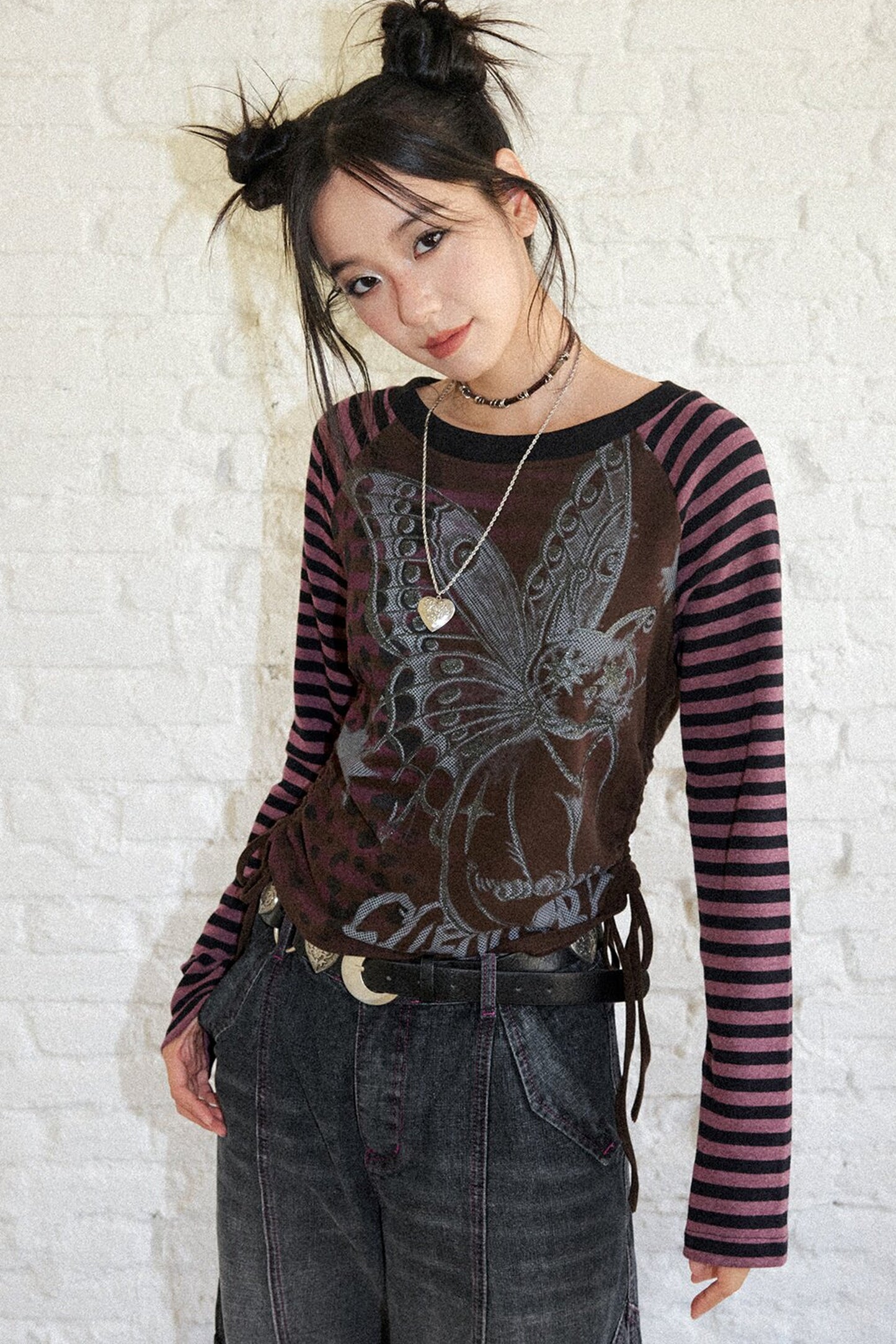 Striped Spliced Raglan Cat Print Top